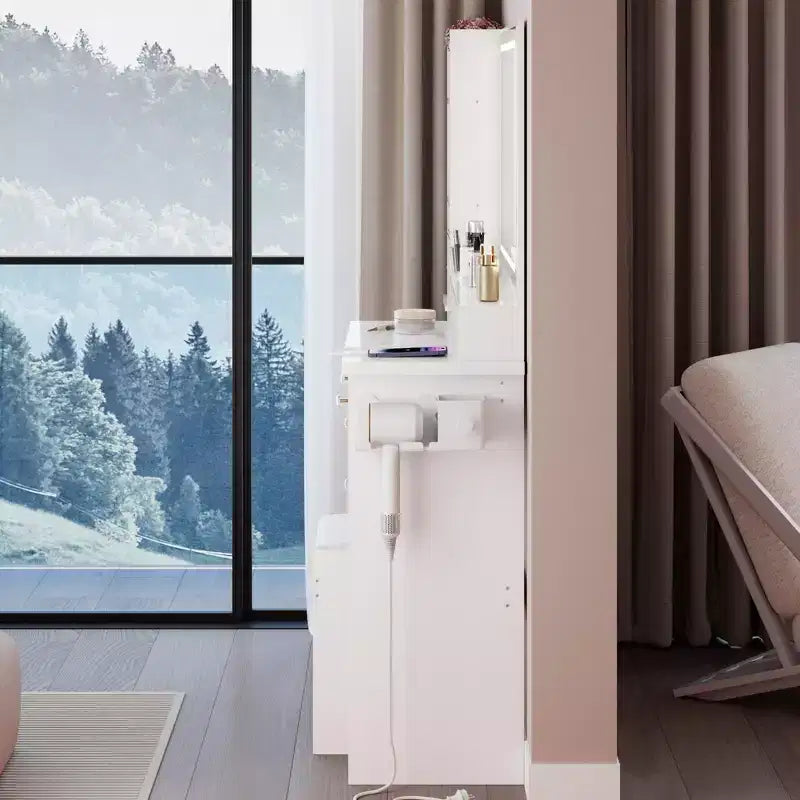 Grande coiffeuse Okak 41IN avec tabouret rembourré et support pour sèche-cheveux, coiffeuse avec station d'alimentation et interrupteur 3 couleurs, bureau de coiffeuse