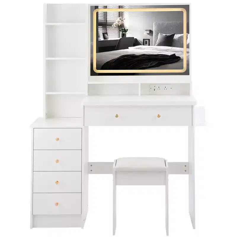 Grande coiffeuse Okak 41IN avec tabouret rembourré et support pour sèche-cheveux, coiffeuse avec station d'alimentation et interrupteur 3 couleurs, bureau de coiffeuse