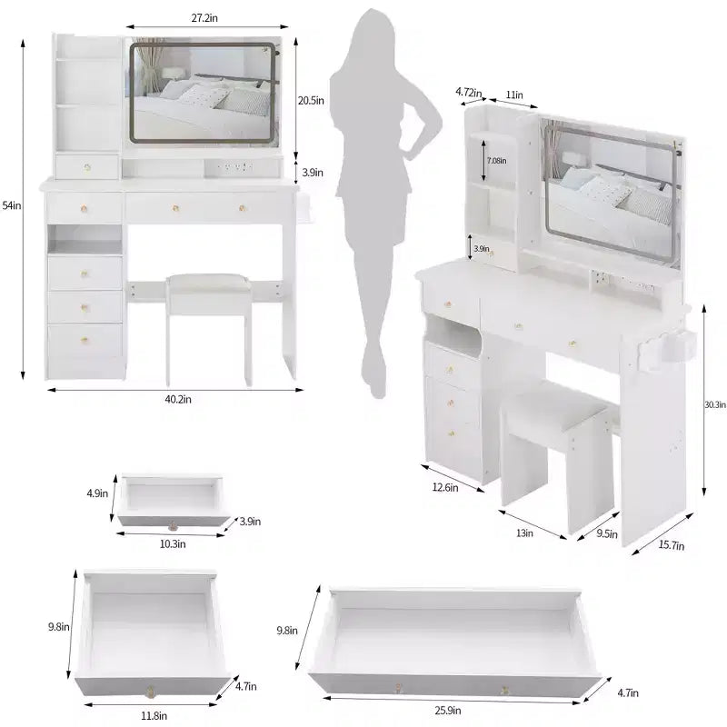 Grande coiffeuse Okak 41IN avec tabouret rembourré et support pour sèche-cheveux, coiffeuse avec station d'alimentation et interrupteur 3 couleurs, bureau de coiffeuse