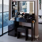 Grande coiffeuse Okak 41IN avec tabouret rembourré et support pour sèche-cheveux, coiffeuse avec station d'alimentation et interrupteur 3 couleurs, bureau de coiffeuse