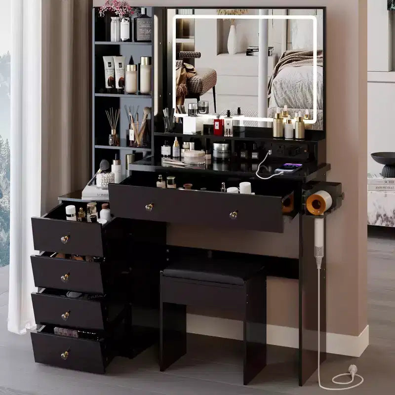 Grande coiffeuse Okak 41IN avec tabouret rembourré et support pour sèche-cheveux, coiffeuse avec station d'alimentation et interrupteur 3 couleurs, bureau de coiffeuse