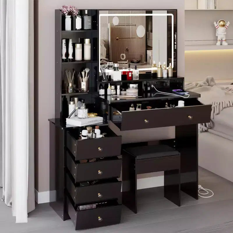 Grande coiffeuse Okak 41IN avec tabouret rembourré et support pour sèche-cheveux, coiffeuse avec station d'alimentation et interrupteur 3 couleurs, bureau de coiffeuse