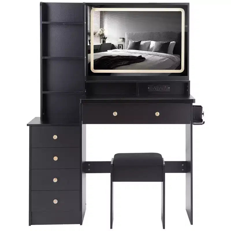 Grande coiffeuse Okak 41IN avec tabouret rembourré et support pour sèche-cheveux, coiffeuse avec station d'alimentation et interrupteur 3 couleurs, bureau de coiffeuse