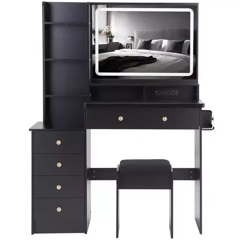 Grande coiffeuse Okak 41IN avec tabouret rembourré et support pour sèche-cheveux, coiffeuse avec station d'alimentation et interrupteur 3 couleurs, bureau de coiffeuse