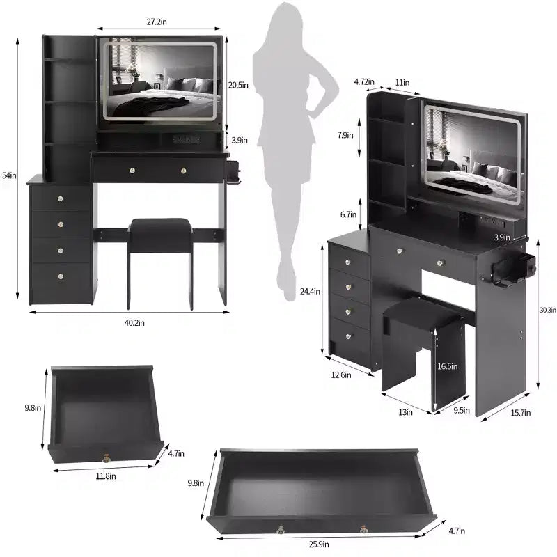Grande coiffeuse Okak 41IN avec tabouret rembourré et support pour sèche-cheveux, coiffeuse avec station d'alimentation et interrupteur 3 couleurs, bureau de coiffeuse