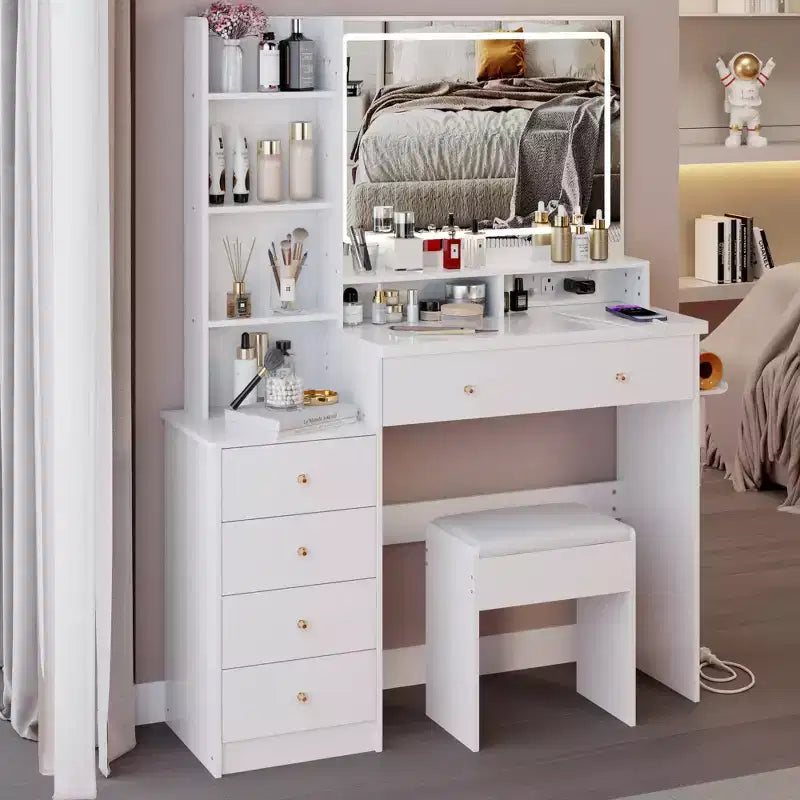 Grande coiffeuse Okak 41IN avec tabouret rembourré et support pour sèche-cheveux, coiffeuse avec station d'alimentation et interrupteur 3 couleurs, bureau de coiffeuse
