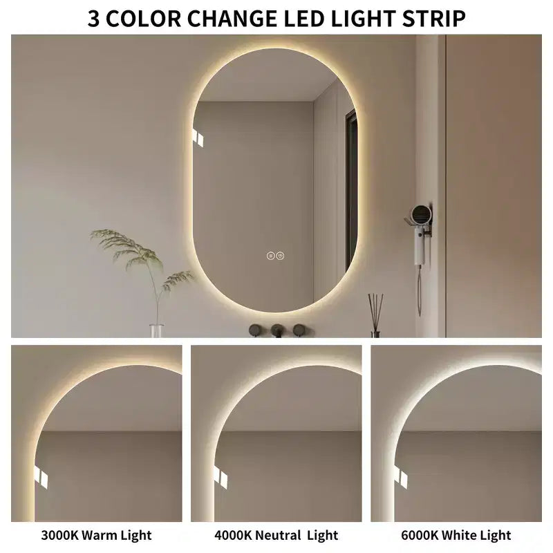 GDFStudio Lark 48 Miroir de salle de bain ovale moderne à LED anti-buée avec modes d'éclairage réglables