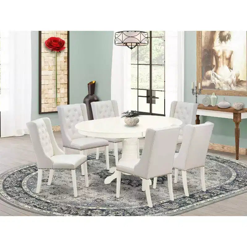 Ensemble de salle à manger 7 pièces HomeStock avec table au plateau en bois massif finition lin blanc et 6 chaises Parson
