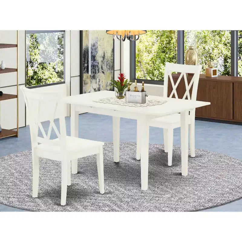 HomeStock – Ensemble de salle à manger 3 pièces rectangulaire avec plateau en bois massif, finition blanc lin et rallonge papillon