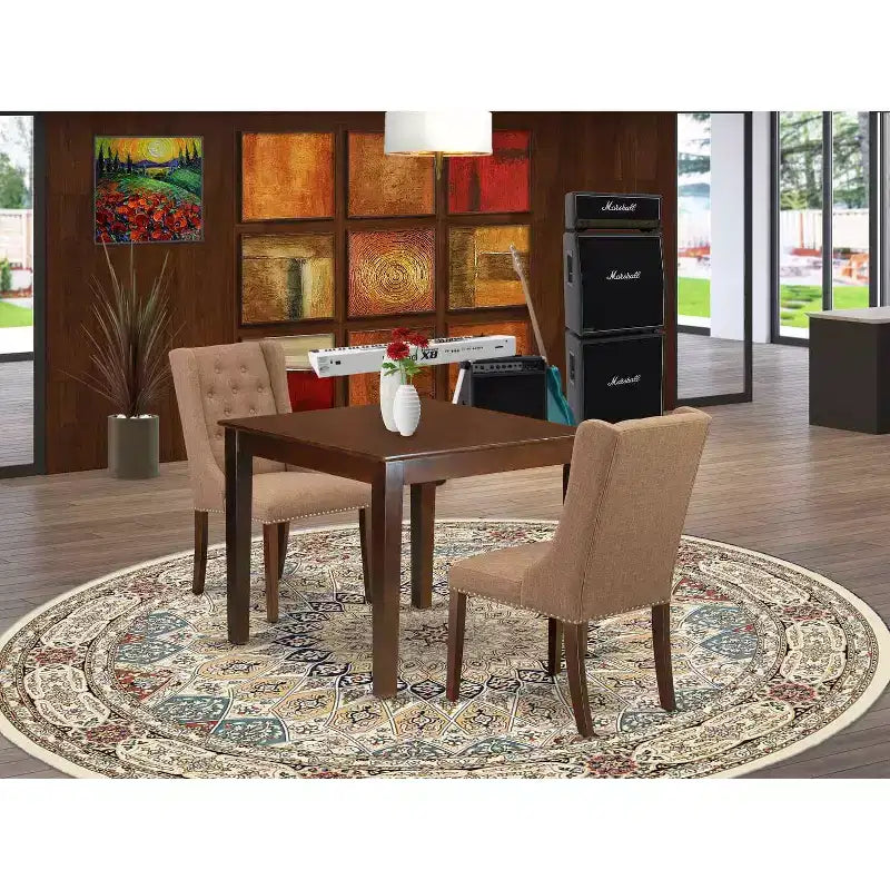 Ensemble table à manger 3 pièces HomeStock avec plateau en bois massif finition acajou