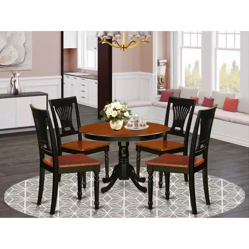 Ensemble de salle à manger rond pour 4 personnes - Table de salle à manger de 107 cm avec 4 chaises - Finition noire et cerise
