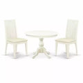3-Piece Linen White Finish Solid Wood Top - Round Dining Room Set - Seats 4