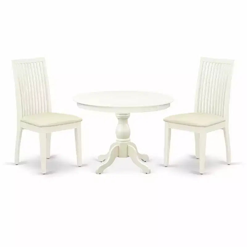 3-Piece Linen White Finish Solid Wood Top - Round Dining Room Set - Seats 4