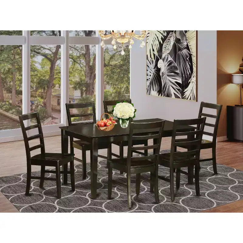 Table à manger rectangulaire 7 pièces HomeStock avec plateau en bois massif finition cappuccino et 6 chaises