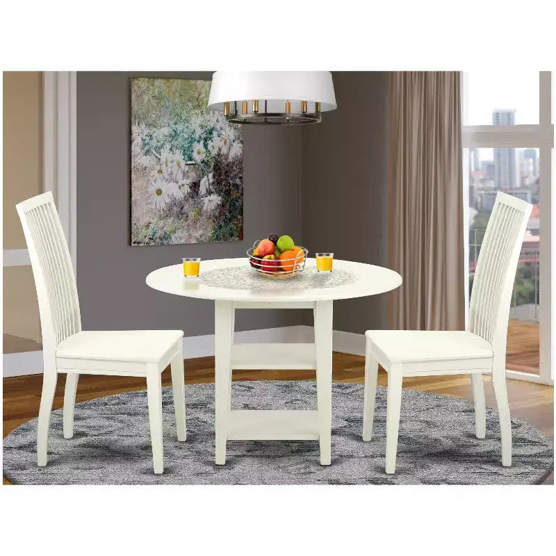 Ensemble de salle à manger 3 pièces HomeStock avec table ronde et dessus en bois massif, finition blanc lin
