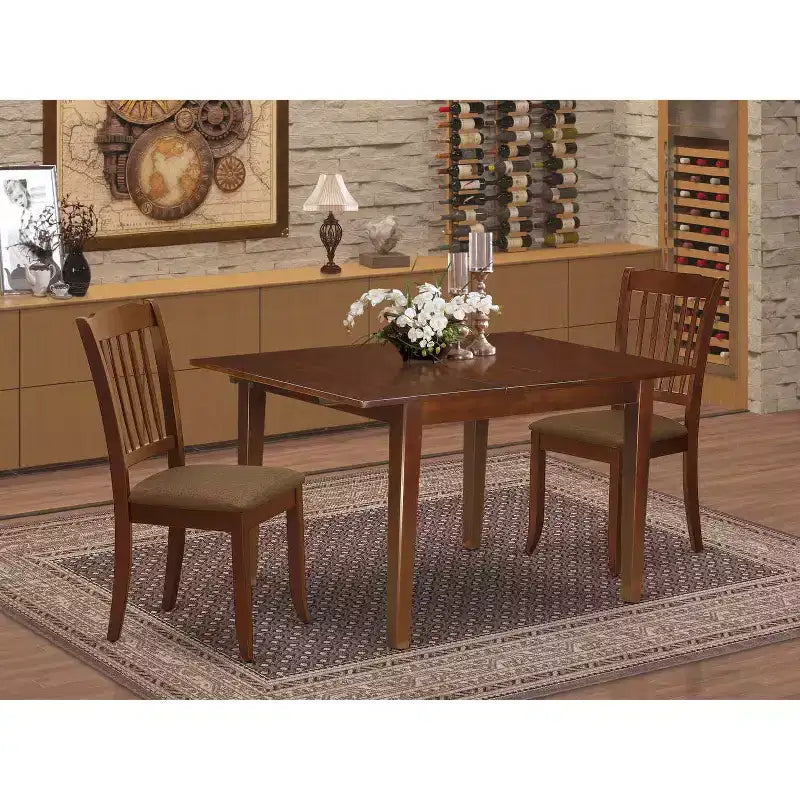 Ensemble de salle à manger 3 pièces HomeStock avec plateau rectangulaire en bois massif finition acajou et rallonge papillon