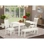 Table à manger HomeStock 5 pièces rectangulaire avec plateau en bois massif finition lin blanc, 2 bancs et 2 chaises