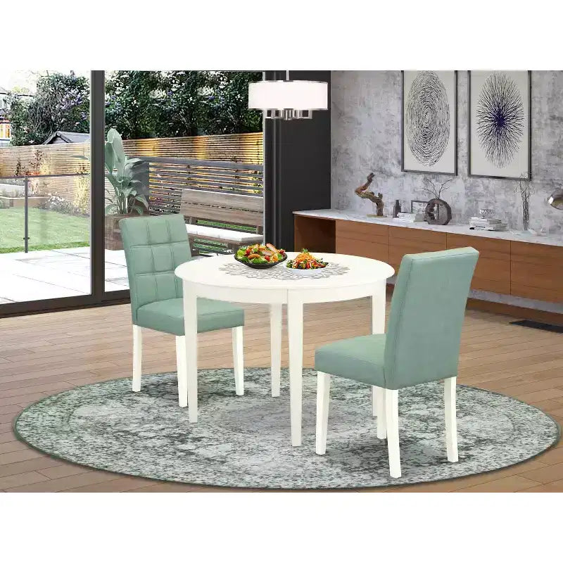 Ensemble de salle à manger 3 pièces HomeStock avec table ronde plateau bois massif finition blanc lin - 2 places
