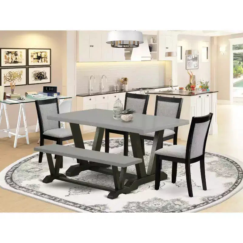 HomeStock Table à manger 6 pièces rectangulaire en bois massif finition chêne naturel avec 1 banc et 4 chaises rembourrées