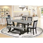 HomeStock Table à manger 6 pièces rectangulaire en bois massif finition chêne naturel avec 1 banc et 4 chaises rembourrées