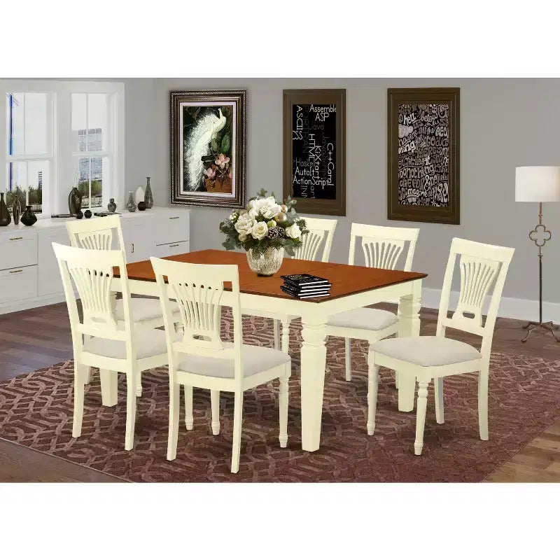 Table à manger HomeStock 7 pièces avec plateau en bois massif finition cerisier et crème, et 6 chaises