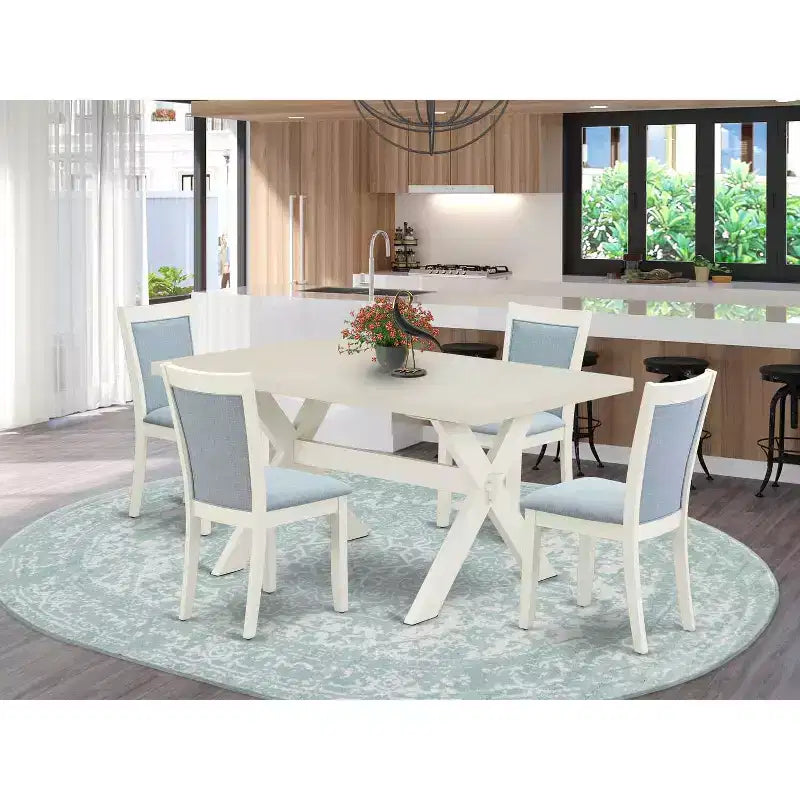 Table de salle à manger HomeStock 5 pièces, plateau en bois massif, finition brossée blanc lin, avec 4 chaises