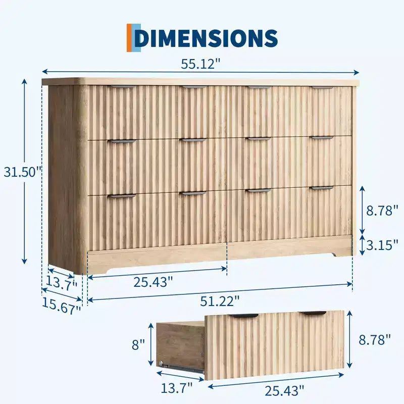 Commode à 6 tiroirs cannelés COZONY, meuble de rangement moderne, grand plateau, support TV pour chambre et salon