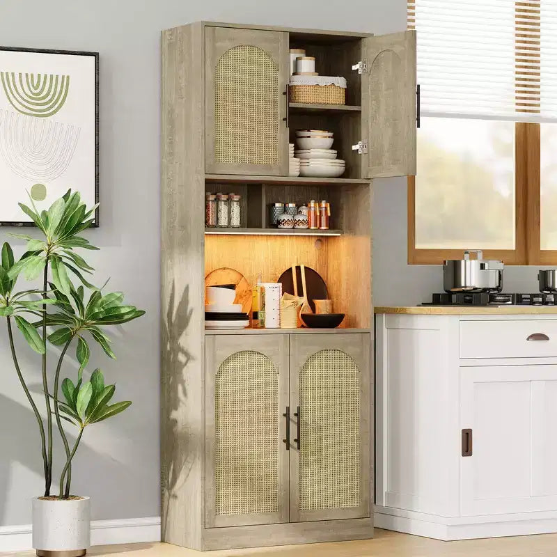 Garde-manger de cuisine en rotin, armoire de rangement de style ferme avec portes en rotin et étagères ouvertes pour salon, cuisine