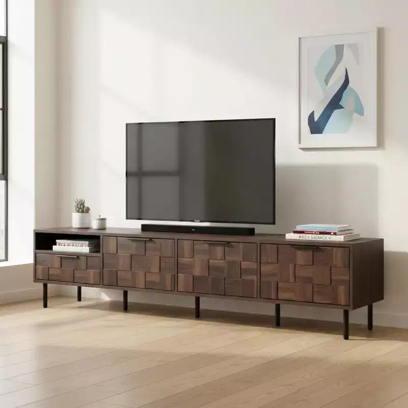 Homy Casa 78 Mid-Century Modern TV Stand with Textured Pattern Doors and Open Storage Shelf,for 85 TV, Walnut
