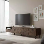 Meuble TV Homy Casa 78 style moderne du milieu du siècle avec portes à motif texturé et étagère de rangement ouverte, pour téléviseur 85 pouces, Noyer