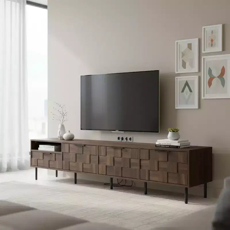 Meuble TV Homy Casa 78 style moderne du milieu du siècle avec portes à motif texturé et étagère de rangement ouverte, pour téléviseur 85 pouces, Noyer