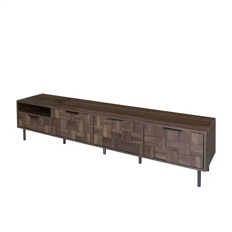 Meuble TV Homy Casa 78 style moderne du milieu du siècle avec portes à motif texturé et étagère de rangement ouverte, pour téléviseur 85 pouces, Noyer