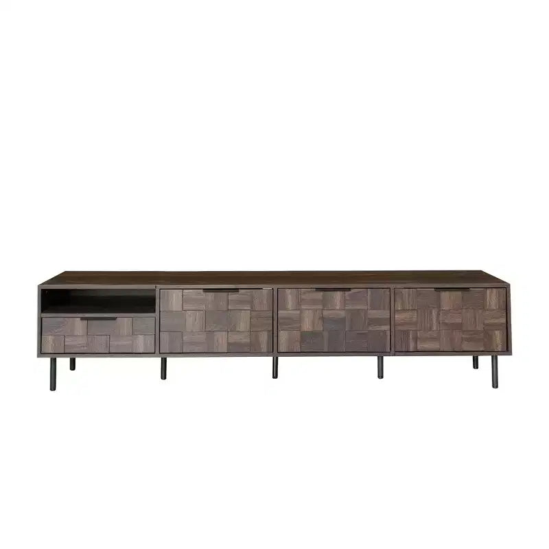 Meuble TV Homy Casa 78 style moderne du milieu du siècle avec portes à motif texturé et étagère de rangement ouverte, pour téléviseur 85 pouces, Noyer