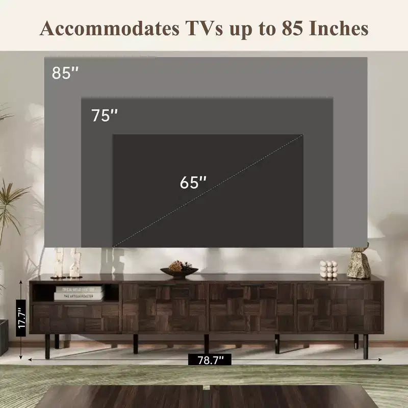 Meuble TV Homy Casa 78 style moderne du milieu du siècle avec portes à motif texturé et étagère de rangement ouverte, pour téléviseur 85 pouces, Noyer