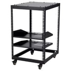 Open Network Rack, Carbon Steel, Height Adjustable 22-40 in, Wall Mount & Free Standing, 2 Trays & Casters, Server Rack Holds IT/AV Equipment.