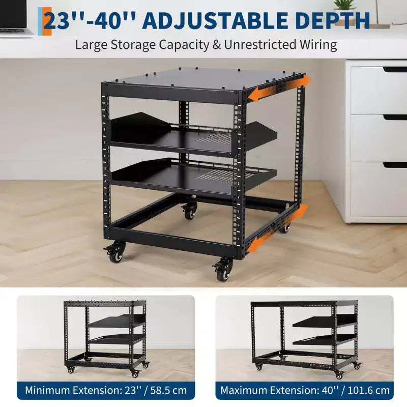 Armoire réseau ouverte, acier au carbone, hauteur réglable 22-40 pouces, fixation murale et autoportante, 2 plateaux et roulettes, support de serveur pour équipement informatique/audiovisuel.