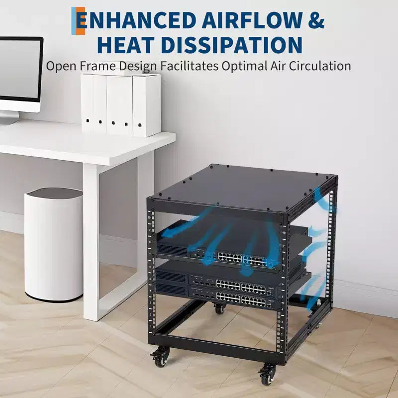 Armoire réseau ouverte, acier au carbone, hauteur réglable 22-40 pouces, fixation murale et autoportante, 2 plateaux et roulettes, support de serveur pour équipement informatique/audiovisuel.