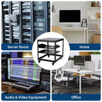 Armoire réseau ouverte, acier au carbone, hauteur réglable 22-40 pouces, fixation murale et autoportante, 2 plateaux et roulettes, support de serveur pour équipement informatique/audiovisuel.