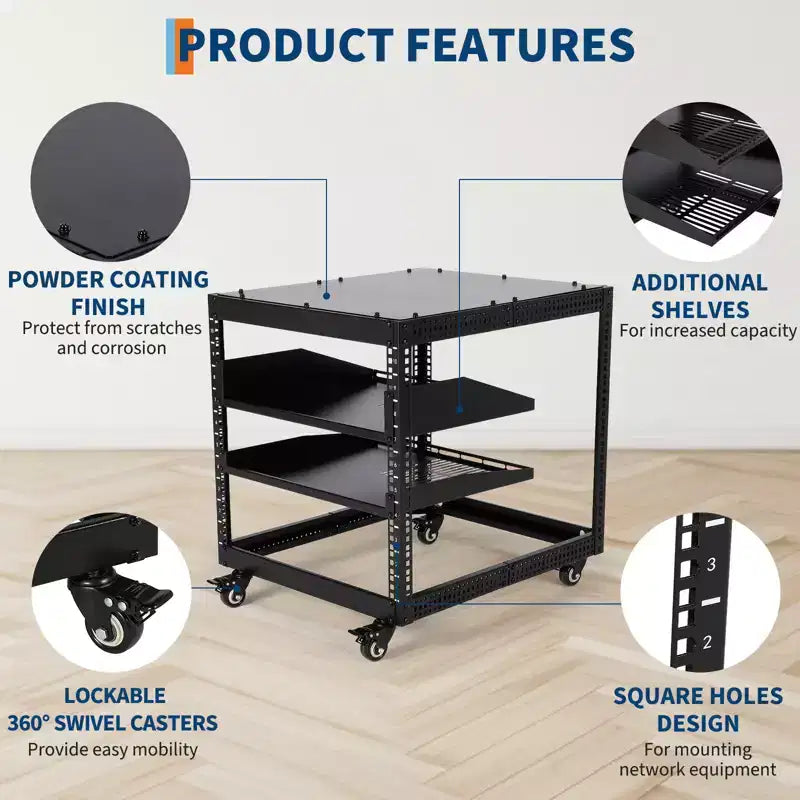 Armoire réseau ouverte, acier au carbone, hauteur réglable 22-40 pouces, fixation murale et autoportante, 2 plateaux et roulettes, support de serveur pour équipement informatique/audiovisuel.