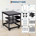 Armoire réseau ouverte, acier au carbone, hauteur réglable 22-40 pouces, fixation murale et autoportante, 2 plateaux et roulettes, support de serveur pour équipement informatique/audiovisuel.