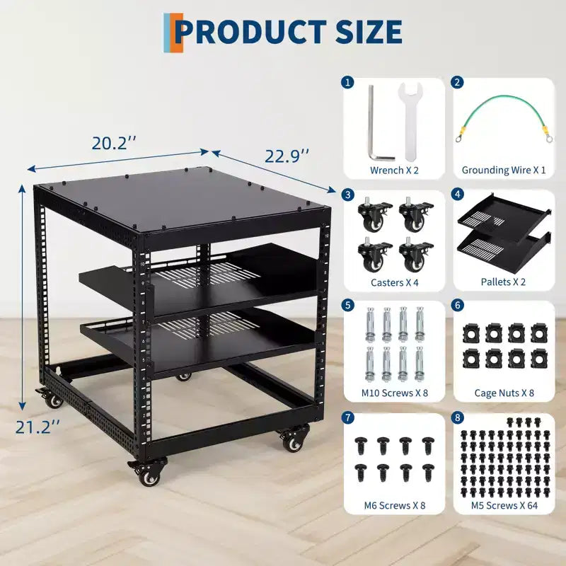 Armoire réseau ouverte, acier au carbone, hauteur réglable 22-40 pouces, fixation murale et autoportante, 2 plateaux et roulettes, support de serveur pour équipement informatique/audiovisuel.