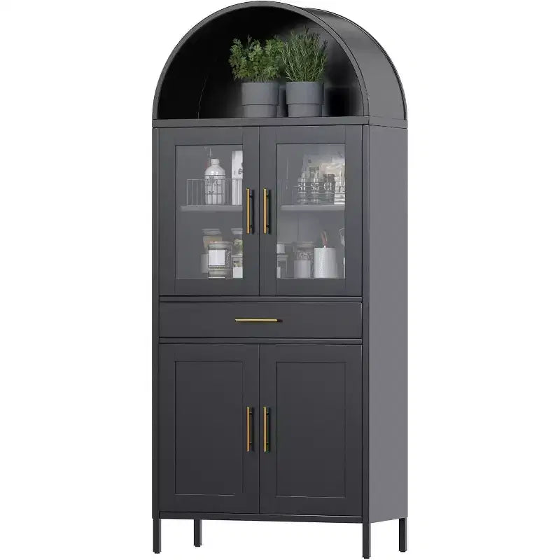 COZONY Tall Metal Arched Cabinet, Glass Door Pantry Bookcase with Drawer Adjustable Shelves for Living Room Kitchen
