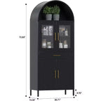 COZONY Armoire haute métallique arquée, Bibliothèque de garde-manger avec porte vitrée et tiroir Étagères réglables pour salon et cuisine
