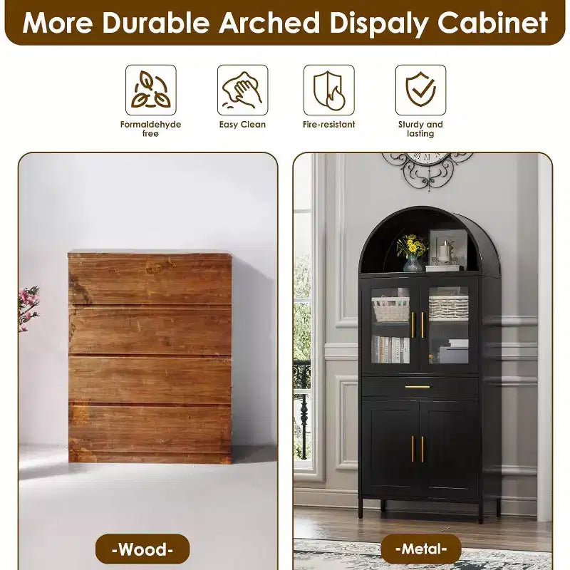 COZONY Armoire haute métallique arquée, Bibliothèque de garde-manger avec porte vitrée et tiroir Étagères réglables pour salon et cuisine