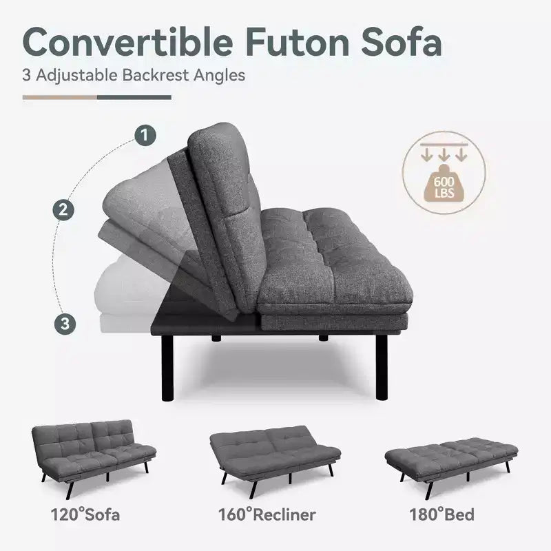 Dyonery 71 Canapé-lit futon convertible moderne, canapé-lit en lin avec coussins amovibles, dossier et accoudoirs réglables pour salon
