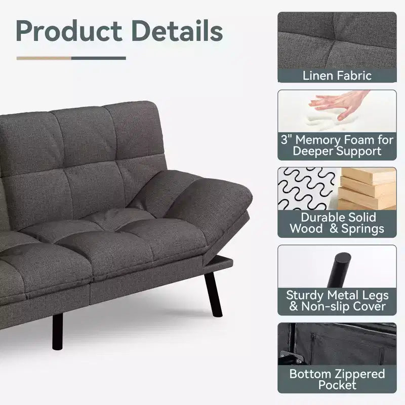 Dyonery 71 Canapé-lit futon convertible moderne, canapé-lit en lin avec coussins amovibles, dossier et accoudoirs réglables pour salon