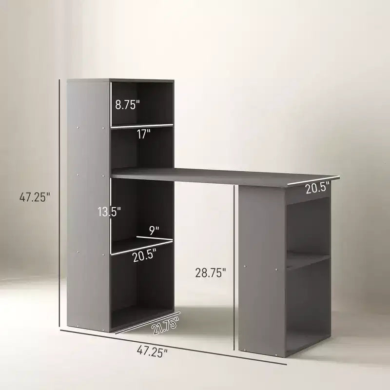 Bureau d'ordinateur avec étagères de rangement à 6 niveaux, poste de travail avec bibliothèque pour bureau à domicile