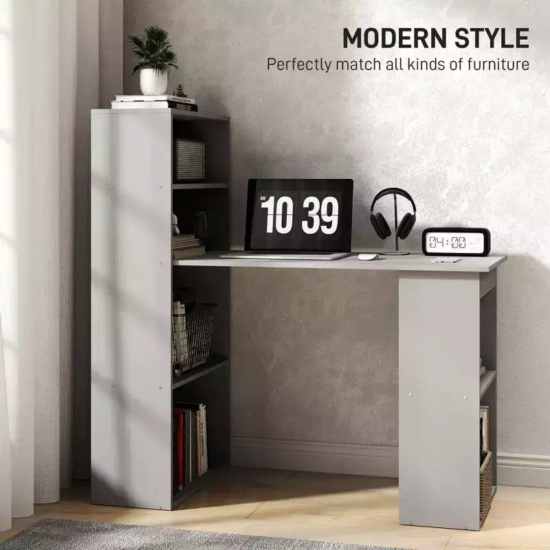 Bureau d'ordinateur avec étagères de rangement à 6 niveaux, poste de travail avec bibliothèque pour bureau à domicile