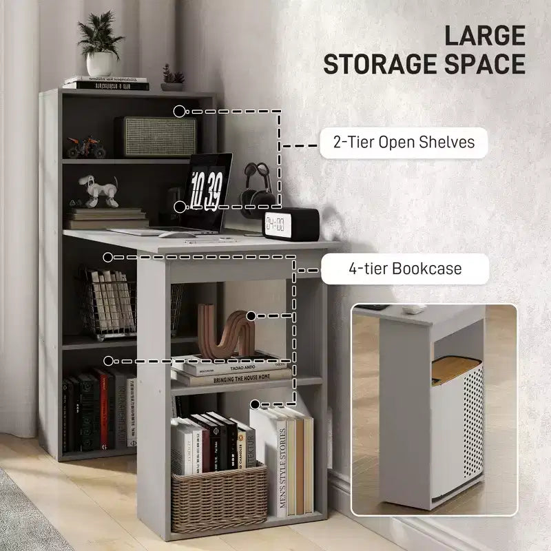 Bureau d'ordinateur avec étagères de rangement à 6 niveaux, poste de travail avec bibliothèque pour bureau à domicile