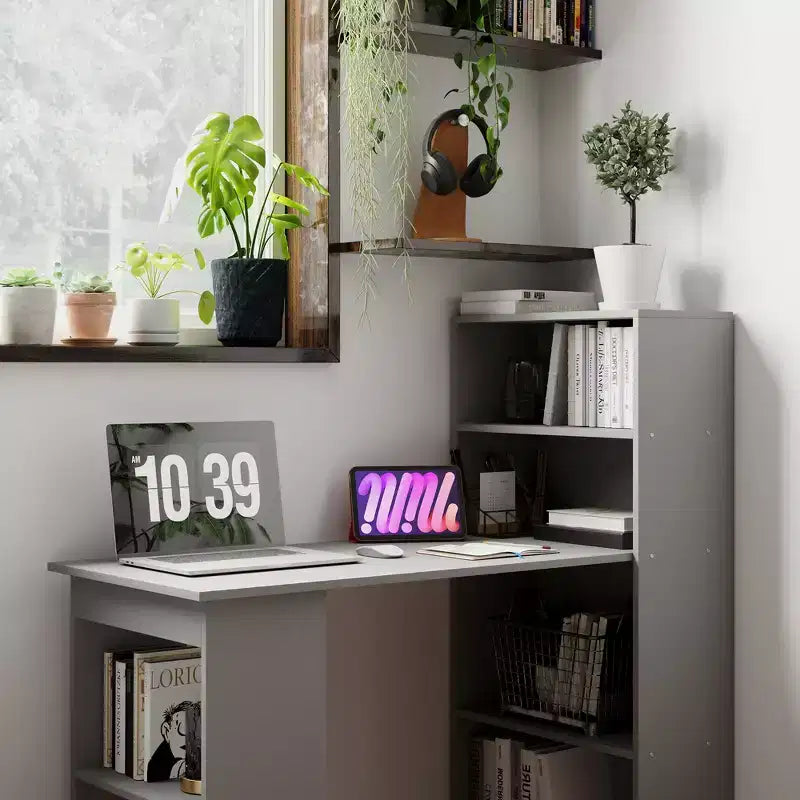 Bureau d'ordinateur avec étagères de rangement à 6 niveaux, poste de travail avec bibliothèque pour bureau à domicile
